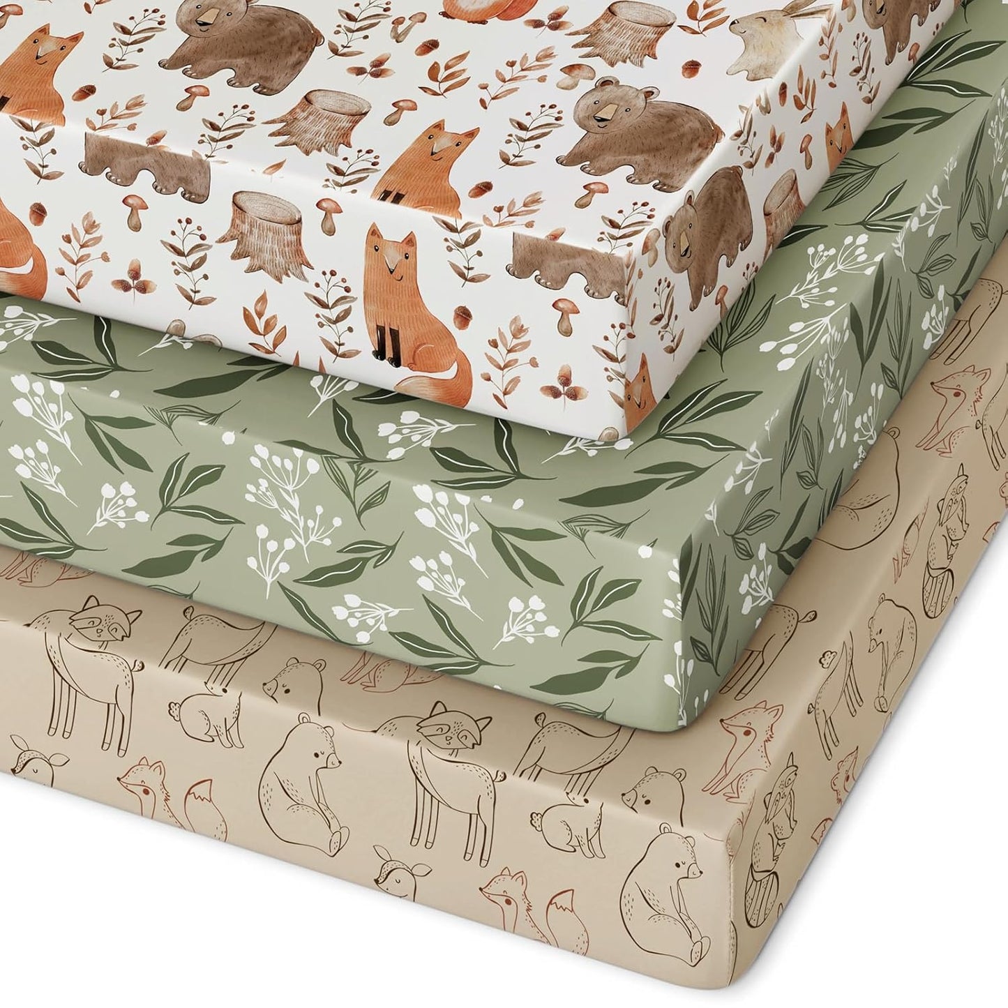 Pack and Play Sheets Fitted 3 Pack, Mini Crib Sheets for Pack N Play Mattress Stretchy Portable Playard Sheets, Soft Breathable Green & Brown Fox