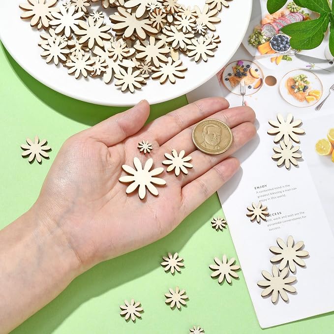 300 Pcs 6 Styles Wooden Flower Cutouts Unfinished Floral Wood Hanging Ornaments
