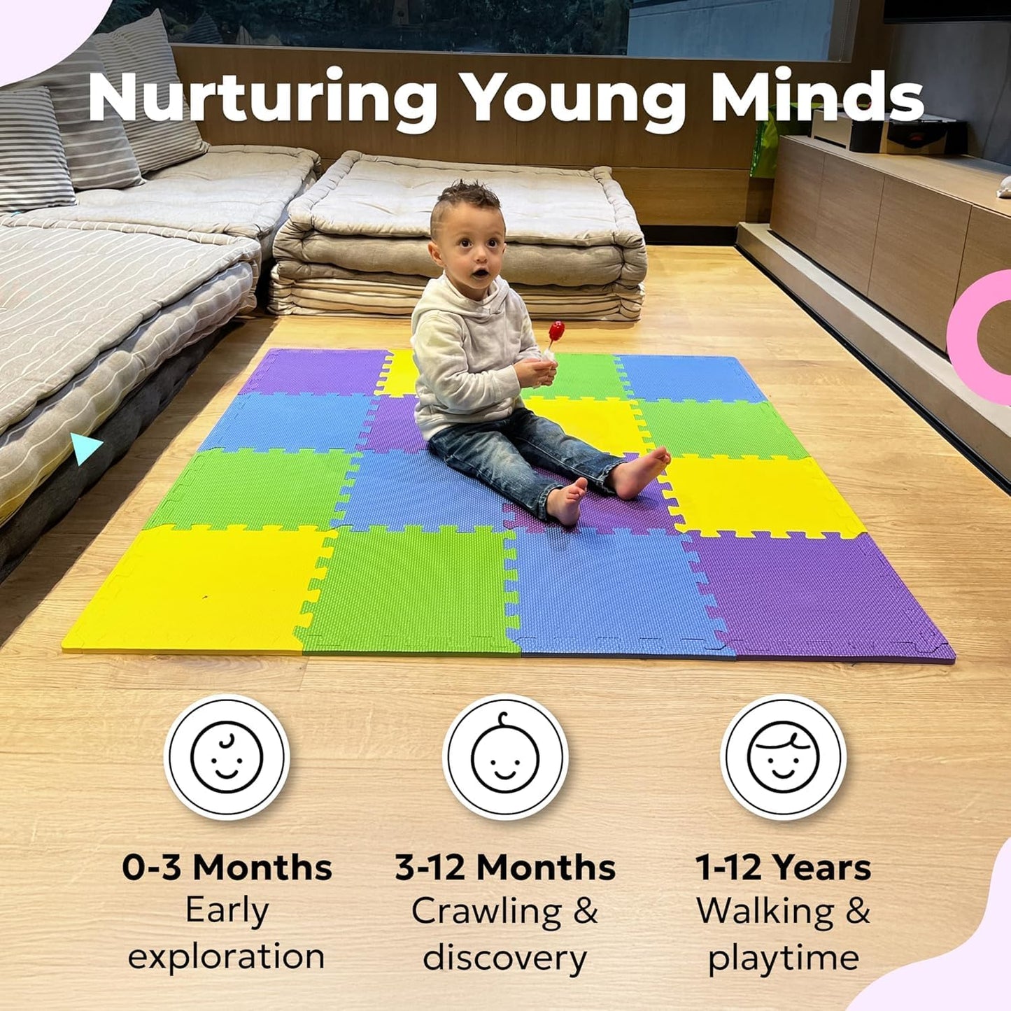MioTetto Baby Play Mat, Soft Foam Floor Tiles for Kids. Adjustable Interlocking Foam Tiles, Fits with 50x50 Playpen Baby mat for Crawling & Development, Safe & Non-Toxic Playmat for Babies 6-12 Months