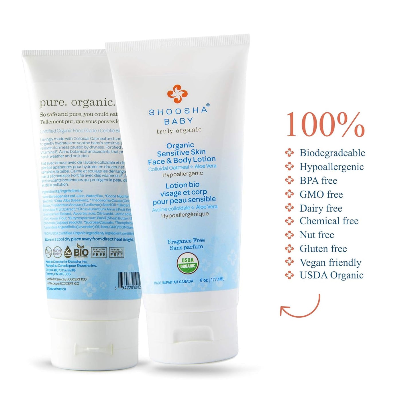 Shoosha Organic Face & Body Lotion – Fragrance Free (USDA-Certified Organic, for Sensitive Skin, All Natural Face and Body Lotion for Kids, Hypoallergenic, Non-Sticky)