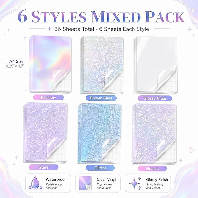 36 Sheets Holographic Sticker Paper Holographic Clear Vinyl Self Adhesive