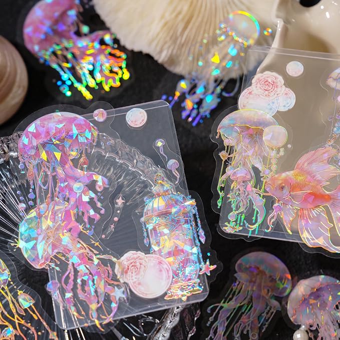 120 Pcs Holographic Glitter Jellyfish Ocean Life Stickers