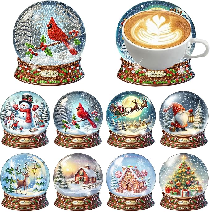 8 PCS Christmas Diamond Art Coasters Kits Snowball Diamond Painting Coaster |