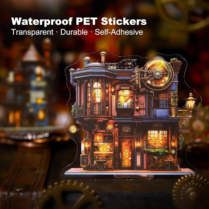 90PCS Gear Cabin PET Stickers – Steampunk Fantasy House Sticker
