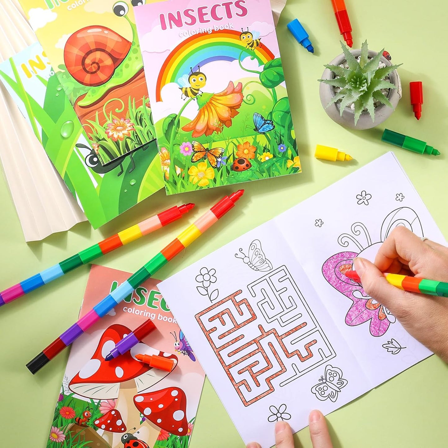BenLouis 12 Insects Mini Coloring Books Kids with 12 Stacking Crayons Spring Bugs Party Favors Small Activity Books Bulk for Kids Butterfly Bee Party Gift Goodie Bag Stuffers