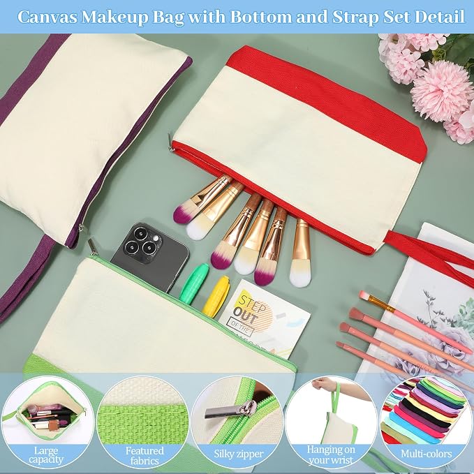Silkfly 48 Pcs Cotton Canvas Makeup Bags Cosmetic Zipper Bags 10.2 x 5.5 x 2''