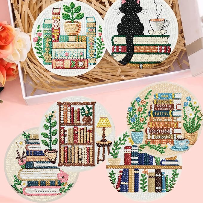8 Pack Bookshelf Diamond Art Coasters, Diamond Painting Coasters Kits | Books