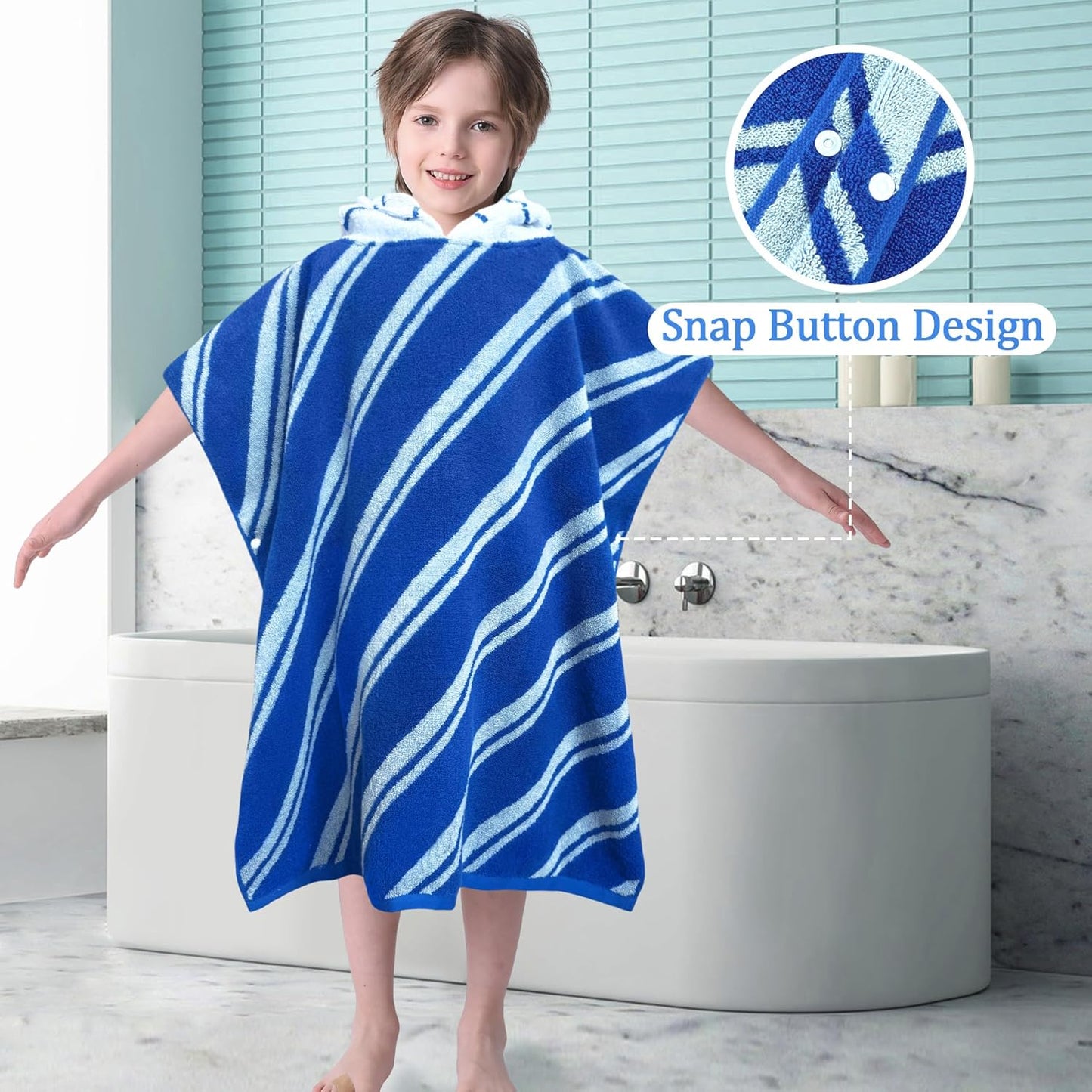 VOOVA & MOVAS Kids Hooded Poncho Towels (4-8Years,27.5"x27.5"),100% Cotton Soft Absorbent Towel for Boys,Perfect for Bathroom | Pool | Beach | Swimming, Jacquard Blue Stripe