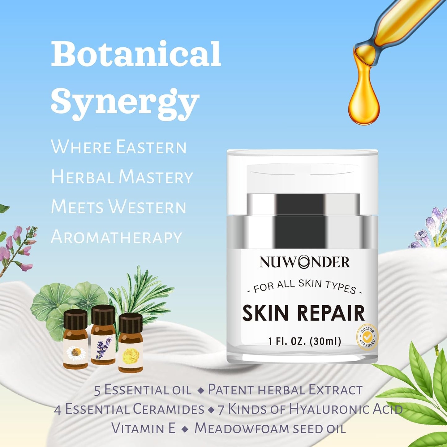 Natural SKIN REPAIR. Clinically tested Aromatherapy. Powerful Essential Oil. Eczema, Dermatitis, Diaper rash, and Sensitive skin. For all skin types. Hypoallergenic, Vegan, Paraben Free. 30ml BOTTLE