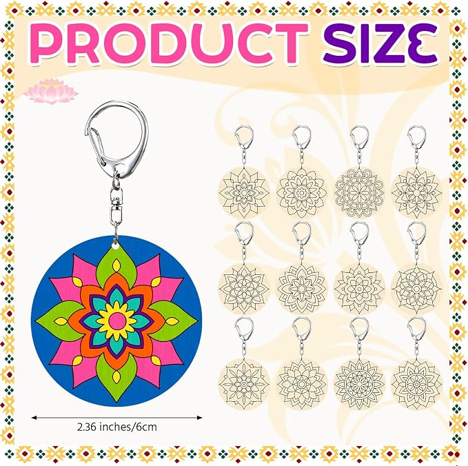 RattanView 24 Pcs Mandala Craft Color Your Own Keychains DIY Craft Wooden Blank