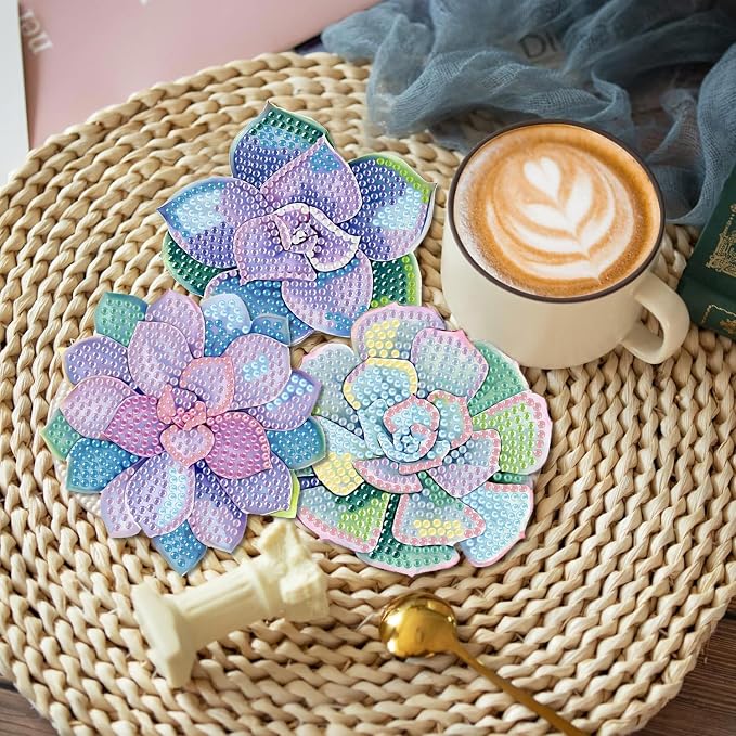 Clendo 8 Pcs Succulent Diamond Art Coasters Kit