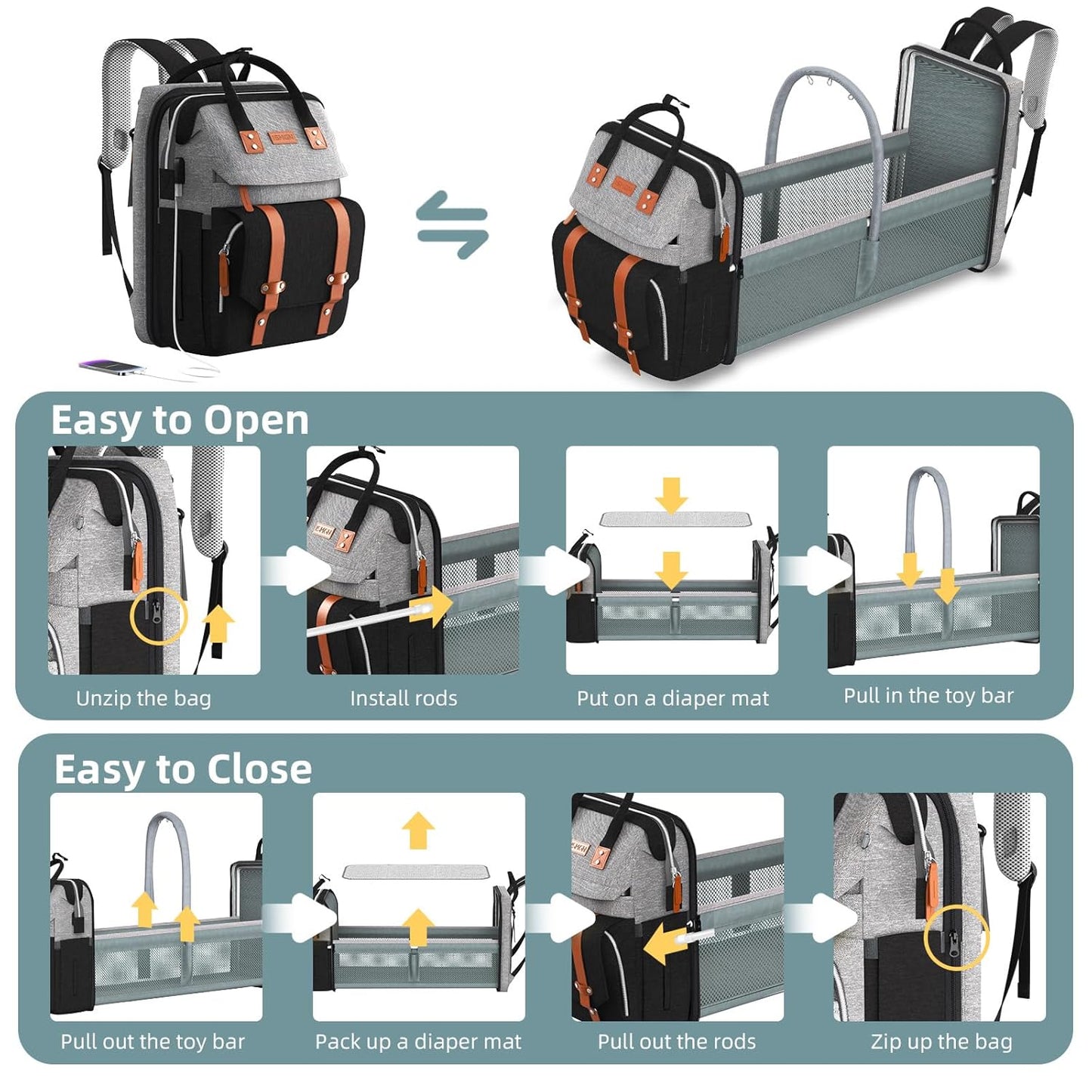 Diaper Bag Backpack with Changing Station, Large Diaper Bag, Baby Bag, Multifunctional Diaper Bag, GreyBlack