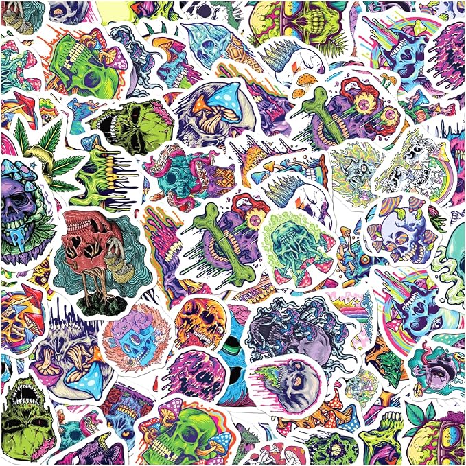 Psychedelic Skull and Trippy Mushroom Artwork 50pcs Stickers Pack Vinyl