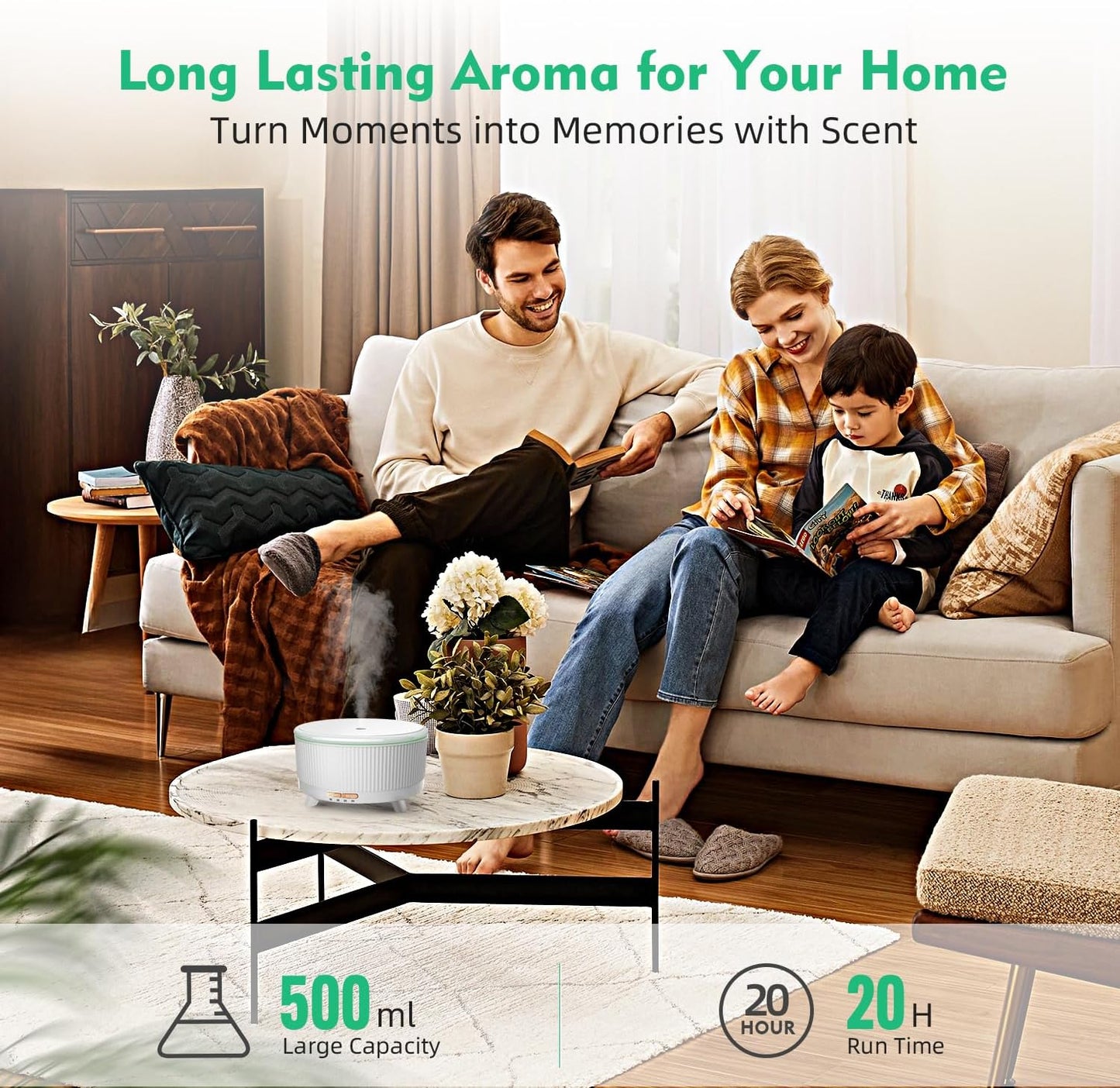 20-Hour Long-Lasting Aromatherapy, 500ML Large Essential Oil Diffuser: Ultrasonic Cool Mist Humidifier with Remote, 7 Color Lights, Timer, Auto-Off for Home/Bedroom/Yoga (Minimalist White)