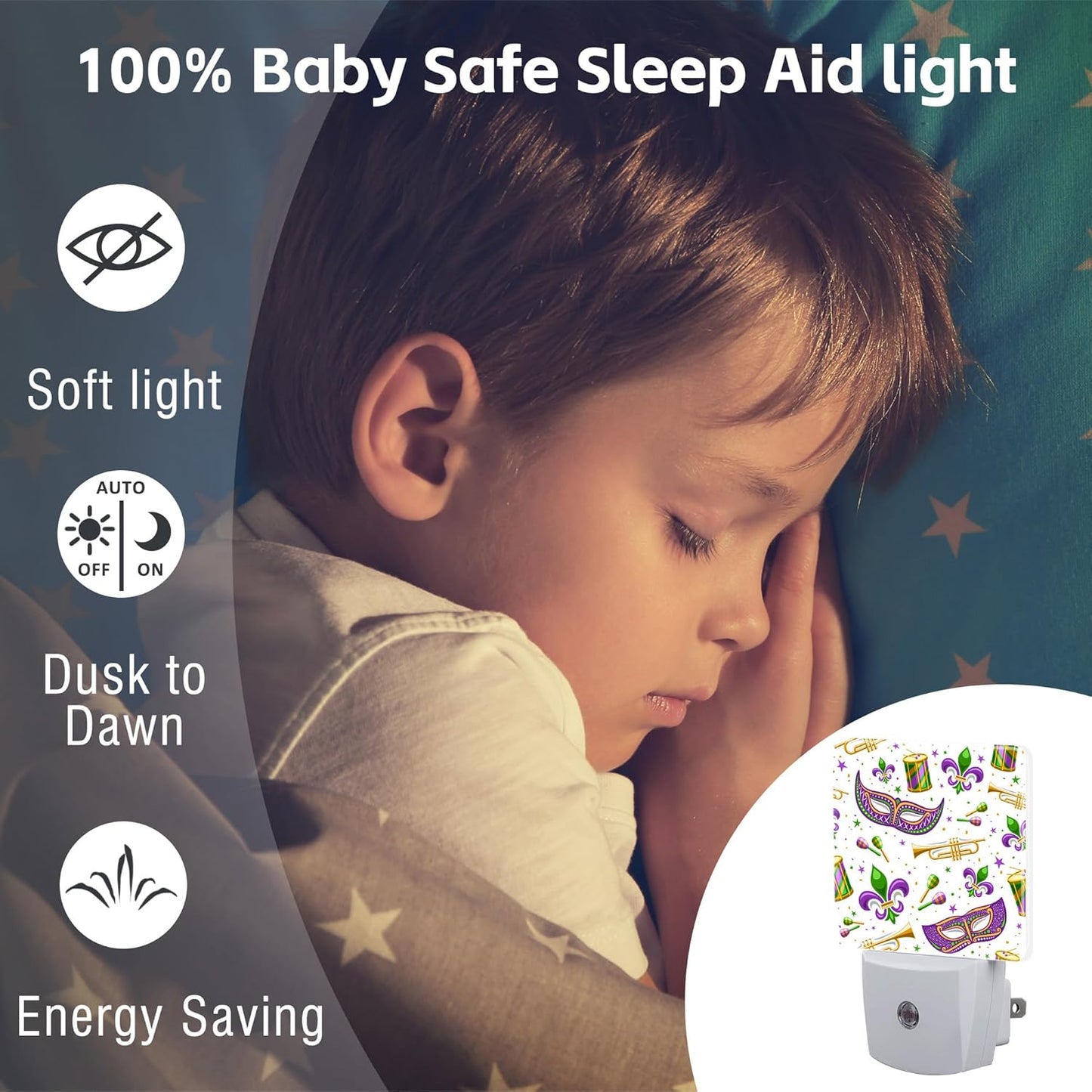 Mardi Gras Carnival Night Light, Fleur De Lis Mask and Musical Instruments Dusk to Dawn Night Light Plug in,0.5w Energy Saving Sleep Friendly NightLight for Kids Boys Girls Home Decor