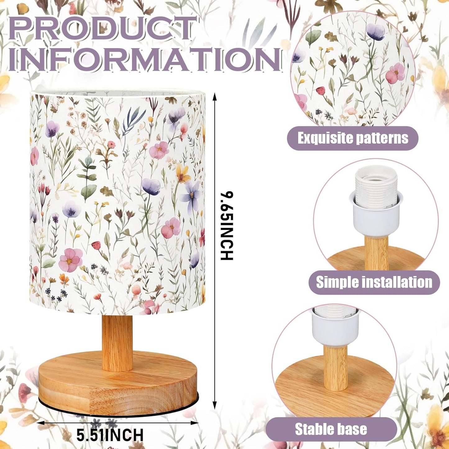 VIHOSE Wildflower Kids Table Lamp for Bedroom Kids Bedside Lamp with Linen Wooden Nightstand Cartoon Nursery Lampshade for Girls Boys Living Room