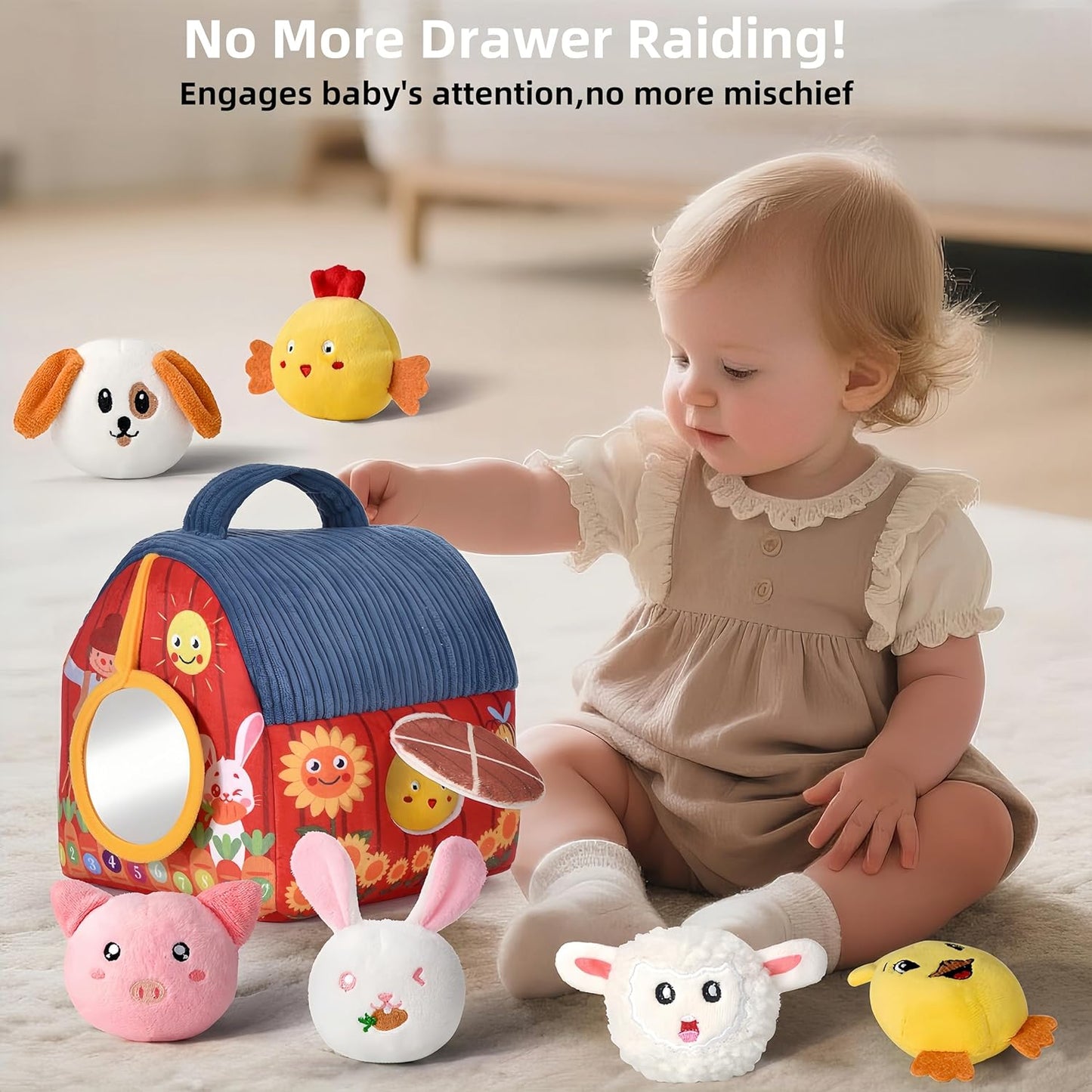 Baby Toys for 1 Year Old, Surprise Barn Stuffed Farm Animals, Crinkle, Rattle, Mirror, Montessori Toys for One Year Old Boy Girl Birthday Gift, Christmas Baby Stocking Stuffers for 1-3 Toddler