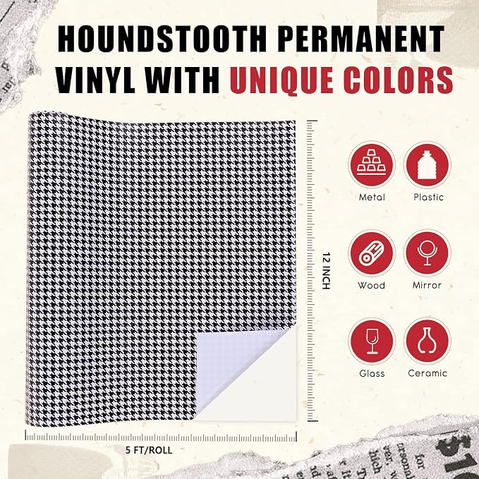 Tintnut Houndstooth Permanent Vinyl Roll 12in x 5ft Plaid Adhesive Vinyl |