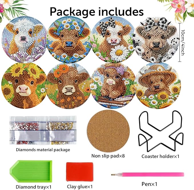 8 Pack Diamond Art Coasters, Highland Cow Diamond Painting Coasters Kits | Cow