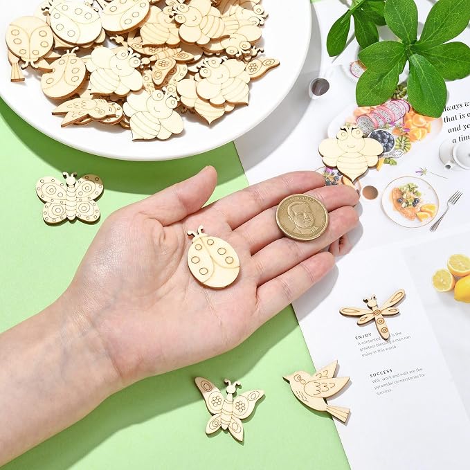 200 Pcs Unfinished Wooden Cutouts Insect Butterfly Bird Shapes Wooden Craft