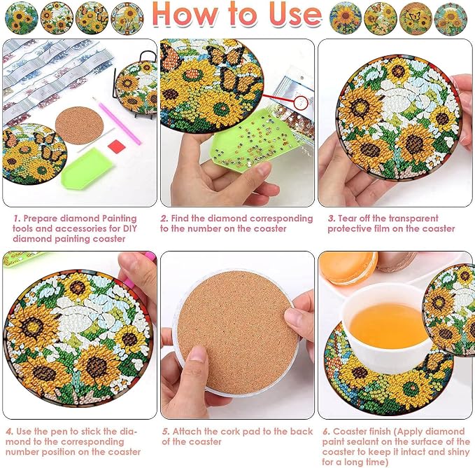 ijbnhd 8 Pcs Sunflower Diamond Art Coasters Kit Diamond Painting Coasters |