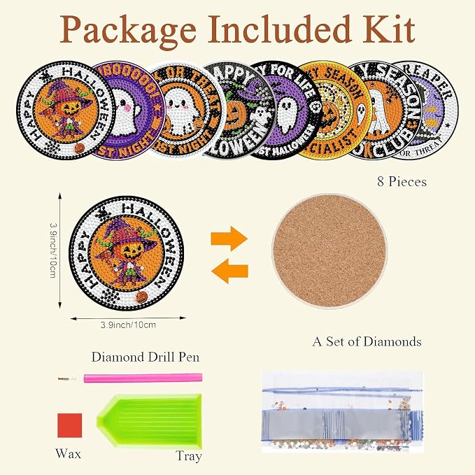 Gemozaic 8PCS Halloween Diamond Art Coasters Kit