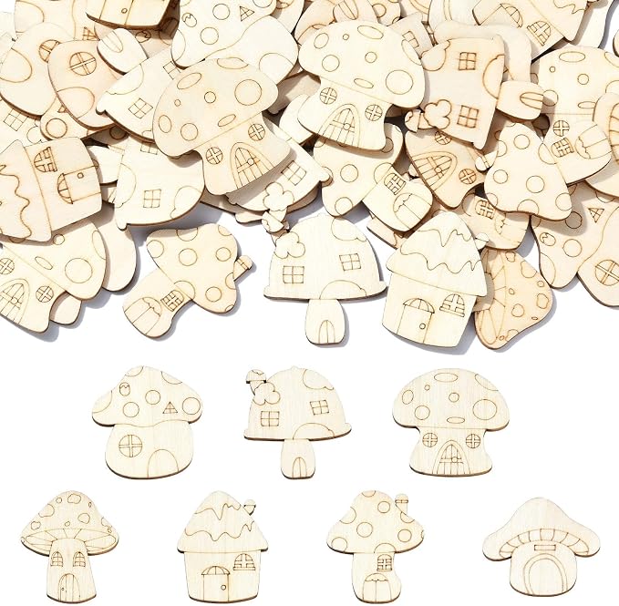 200 Pcs Unfinished Wooden Mushroom House Cutouts Blank Wood Slices Wooden