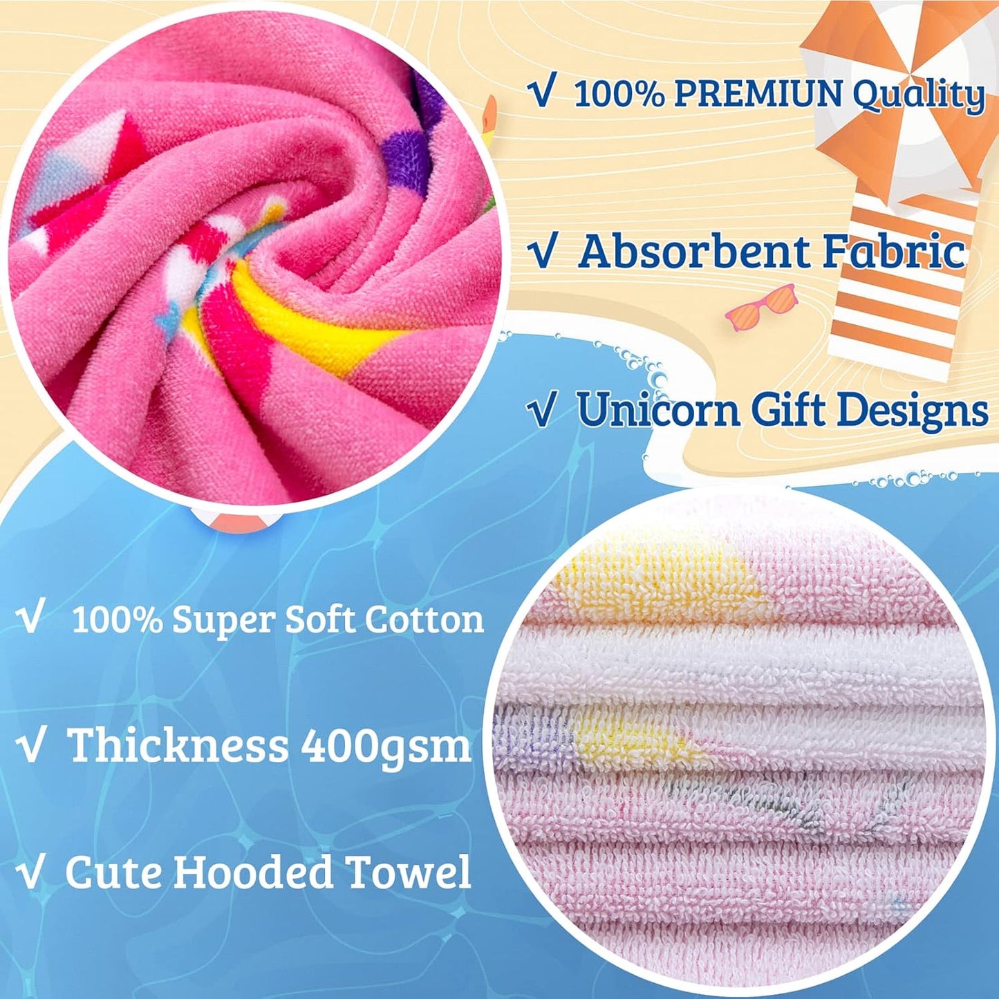 VOOVA & MOVAS Hooded Towels for Kids 3-10 Years, 30''X50, Soft Thick Cotton | Absorbent Beach, Bath, Pool Swim Towels | Cover up for Girls | Pink Floral Unicorn
