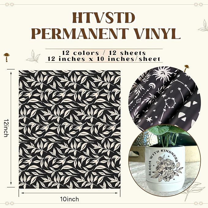 Black and Ivory Permanent Adhesive Vinyl 12 Sheets 12'' x 10'' | White Boho