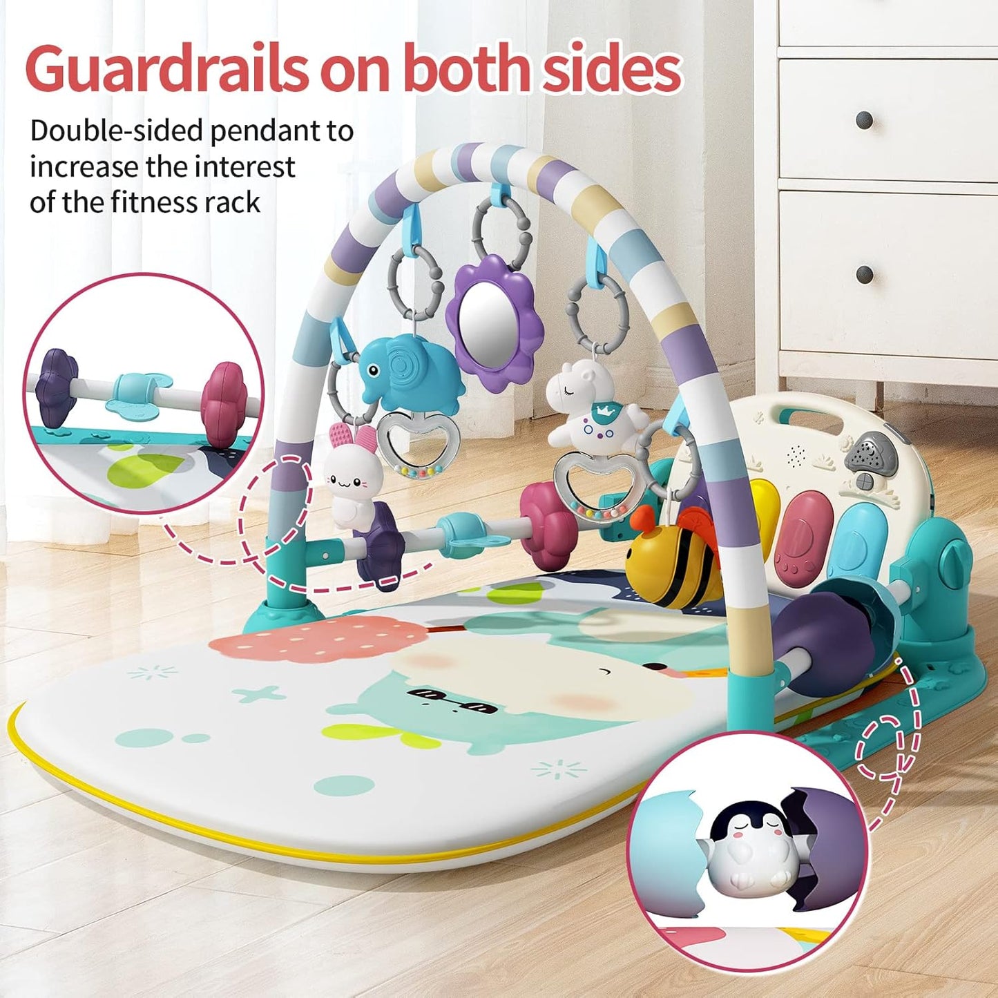 Baby Gym With Kick and Play Piano, Activity Mat for Tummy Time With 5 Infant Learning Sensory, Music and Lights for Newborn Boy or Girl (Green)