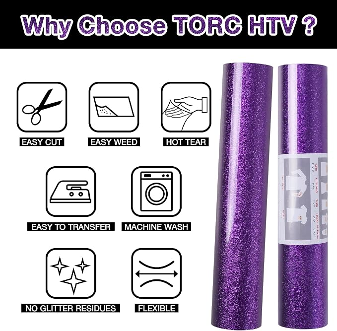 TORC Purple Glitter HTV Heat Transfer Vinyl Roll 12 inch x 20 ft Sparkly Iron