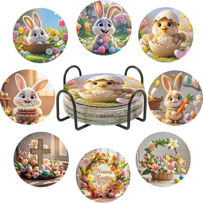 UPINS 8 Pieces Easter Diamond Art Coasters, Bunnies Diamond Art Coaster