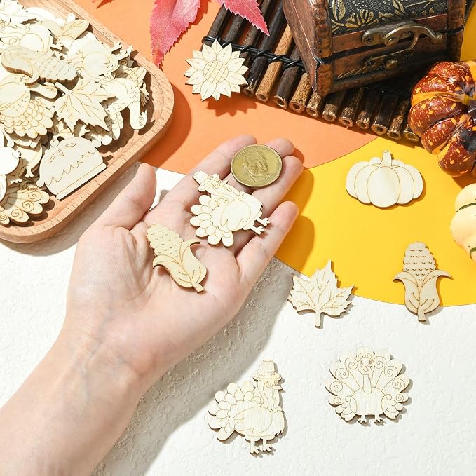 100 pcs Mixed Styles Thanksgiving Theme Unfinished Wooden Cutout Charms Pumpkin