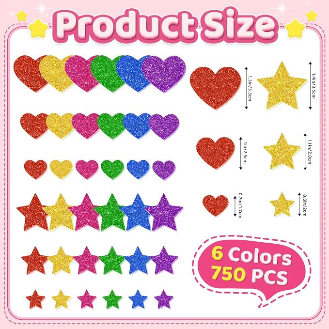 750Pcs Foam Stickers, Colorful Foam Shape Stickers Self Adhesive Star Heart