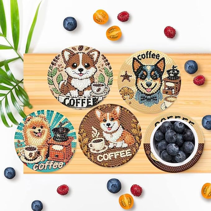 Clendo 8 PCS Coffee Dog Diamond Art Coaster Kits