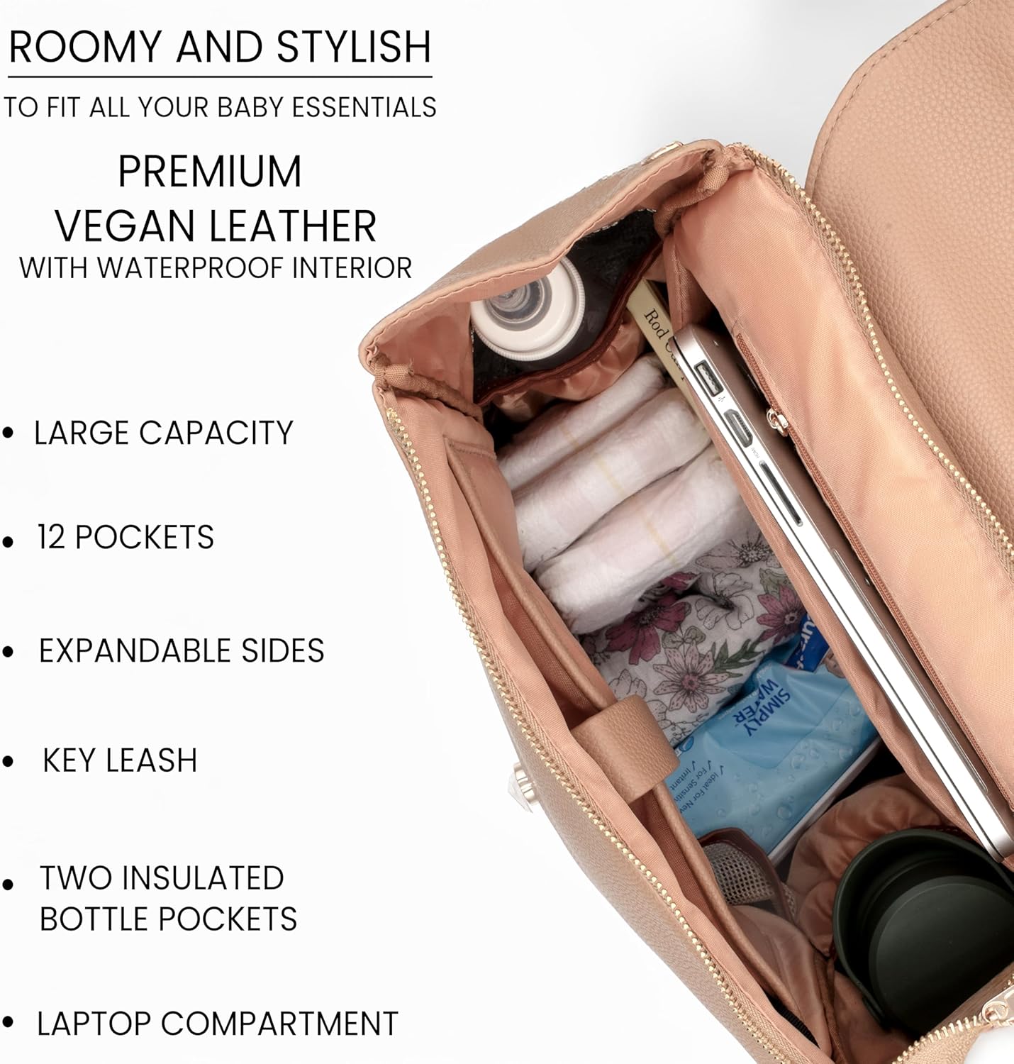 Premium Vegan Leather Diaper Bag Backpack – Large Designer Baby Bag, Stylish Diaper Backpack with Stroller & Crossbody Straps & Multiple Compartments (Tan Brown)
