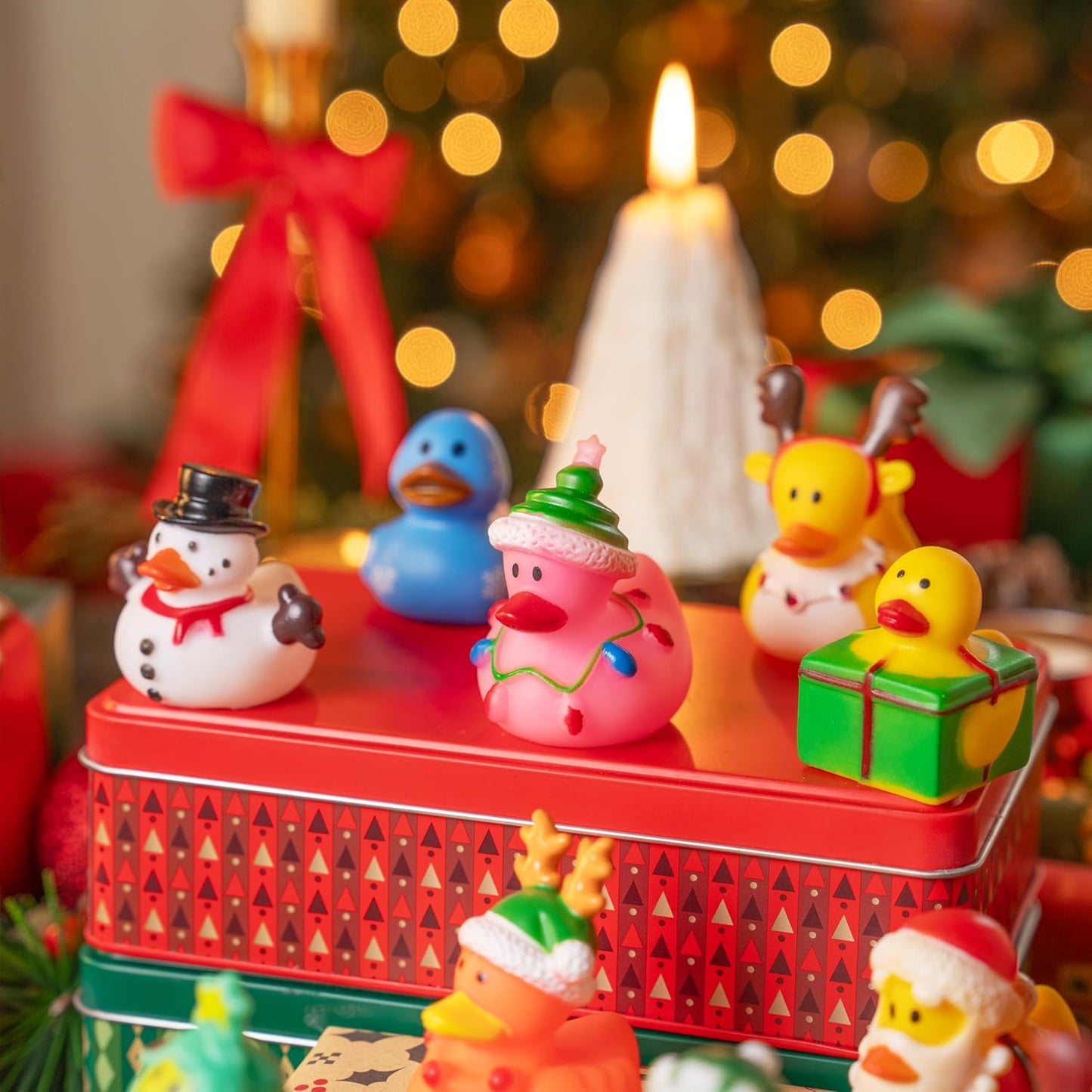 JOYIN 24 Pcs Christmas Ducks Bath Toys, Assorted Cute Rubber Duckies Bulk for Christmas Party Favors, Mini Ducky Baby Bathtub Shower Pool Toys for Kids, Xmas Table Dcorations Stocking Stuffers Gifts