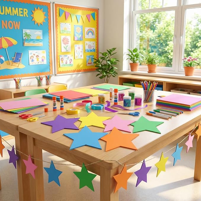 Ireer 48 Pcs Large Star Shaped Foam Cutouts 6 Inch Neon Bulletin Board Decor