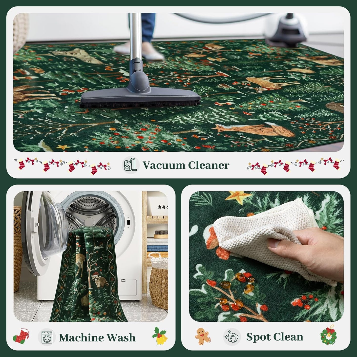 OJIA Christmas Area Rug 5x7 Washable Rugs for Living Room, Green Animal Bedroom Carpet Ultra-Thin Non-Slip Nursery Rug, Xmas Holiday Rug Indoor Carpet for Kids Playroom Entryway Dining Room