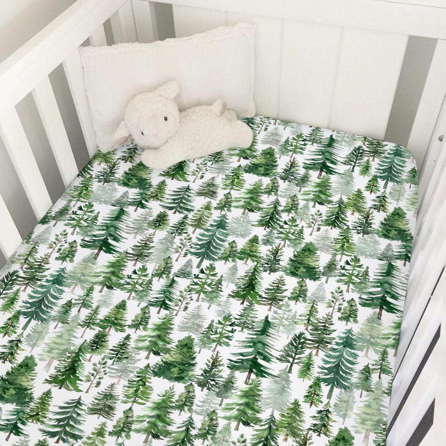 Watercolor Green Pines Baby Crib Sheet 52''x28'' Pine Trees Snug Fitted Crib Mattress Cover for Boy Girl Winter Soft Baby Bed Sheet for Standard Crib and Toddler Mattresses