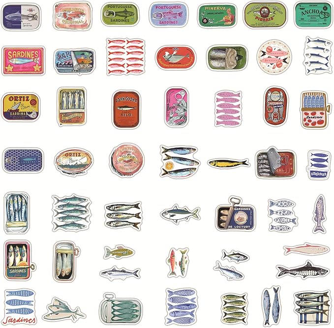 50 Pcs Vintage Sardine Fish Can Stickers, Retro Seafood Tin Label Ocean Fish
