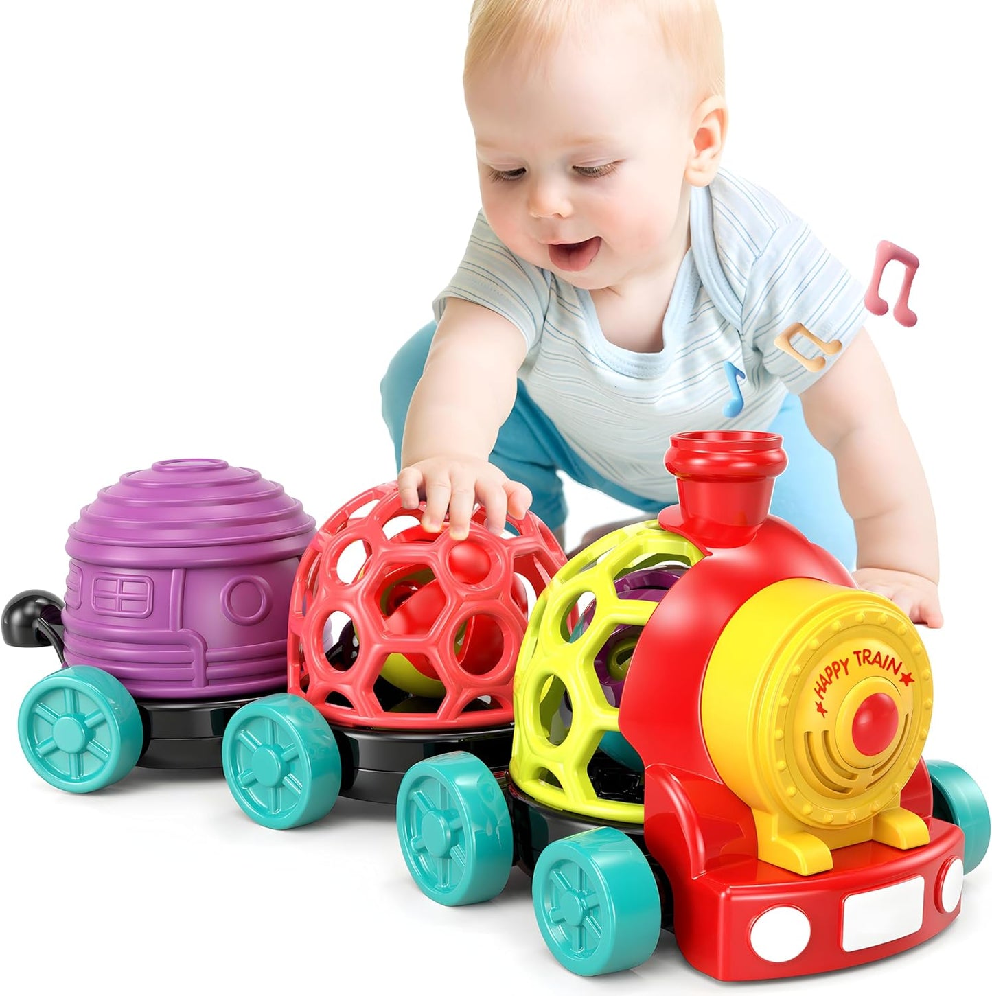 Baby Toy Train, Infant Soft Cars Toy for 6-12 Month Boy Gifts, Musical Train Toy for Toddlers 1-3, Sensory Ball Rattles Push and Go Truck, Development Babies Birthday Gift 6 7 8 9 10 12 Month