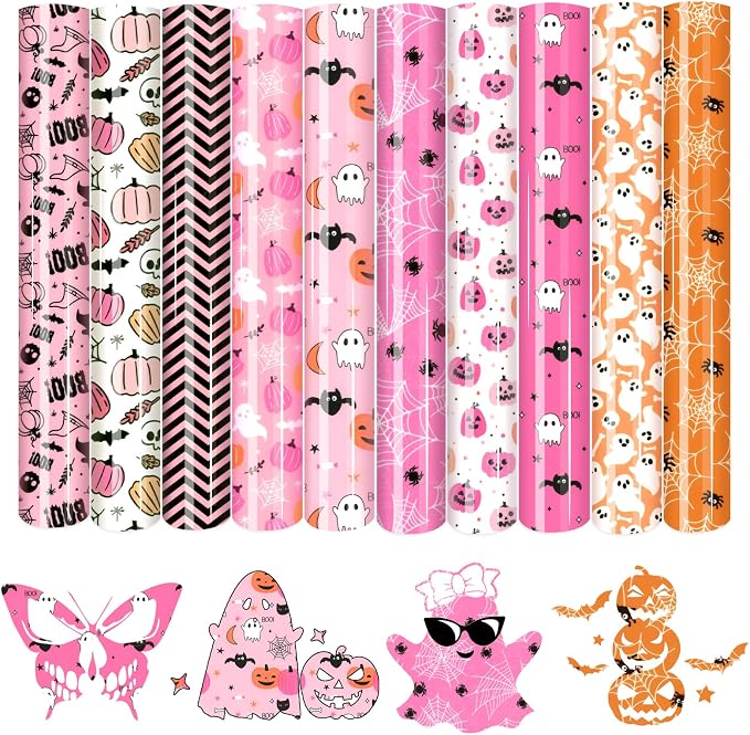 Tintnut Pink Halloween Heat Transfer Vinyl, pumpkins & bats patterned HTV