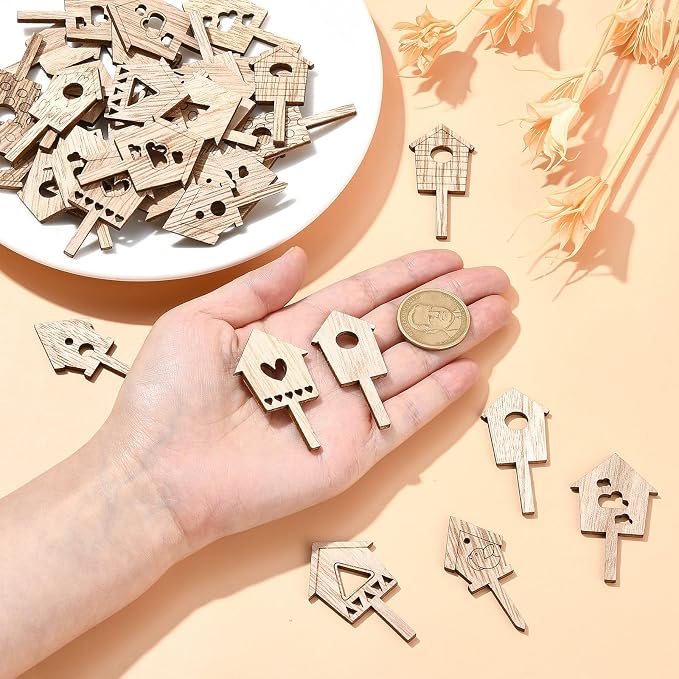 100 pcs Mixed Styles House Theme Unfinished Wood Cutout Charms Lovely Home Wood