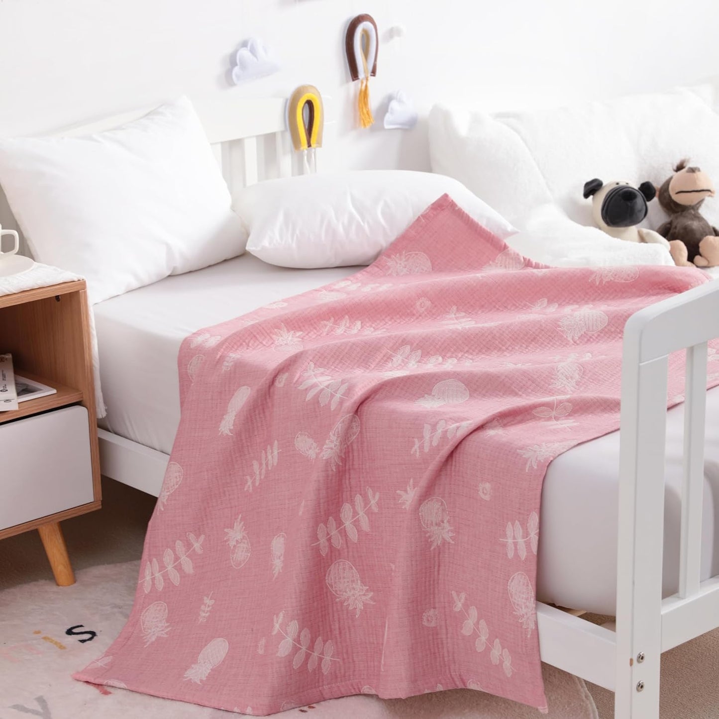 NTBAY 3 Layer Oversized Muslin Cotton Toddler Blanket, 45x60 Inches Jacquard Reversible Nursery Bed Blanket, Super Soft and Thermal Crib Blanket for All Seasons, Baby Gift, 45"x60", Pink Pineapple