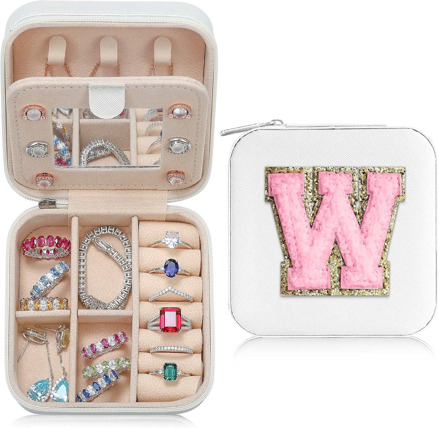 Parima Travel Jewelry Case - Small Jewelry Organizer Box, Mini Travel Case - Letter W, White