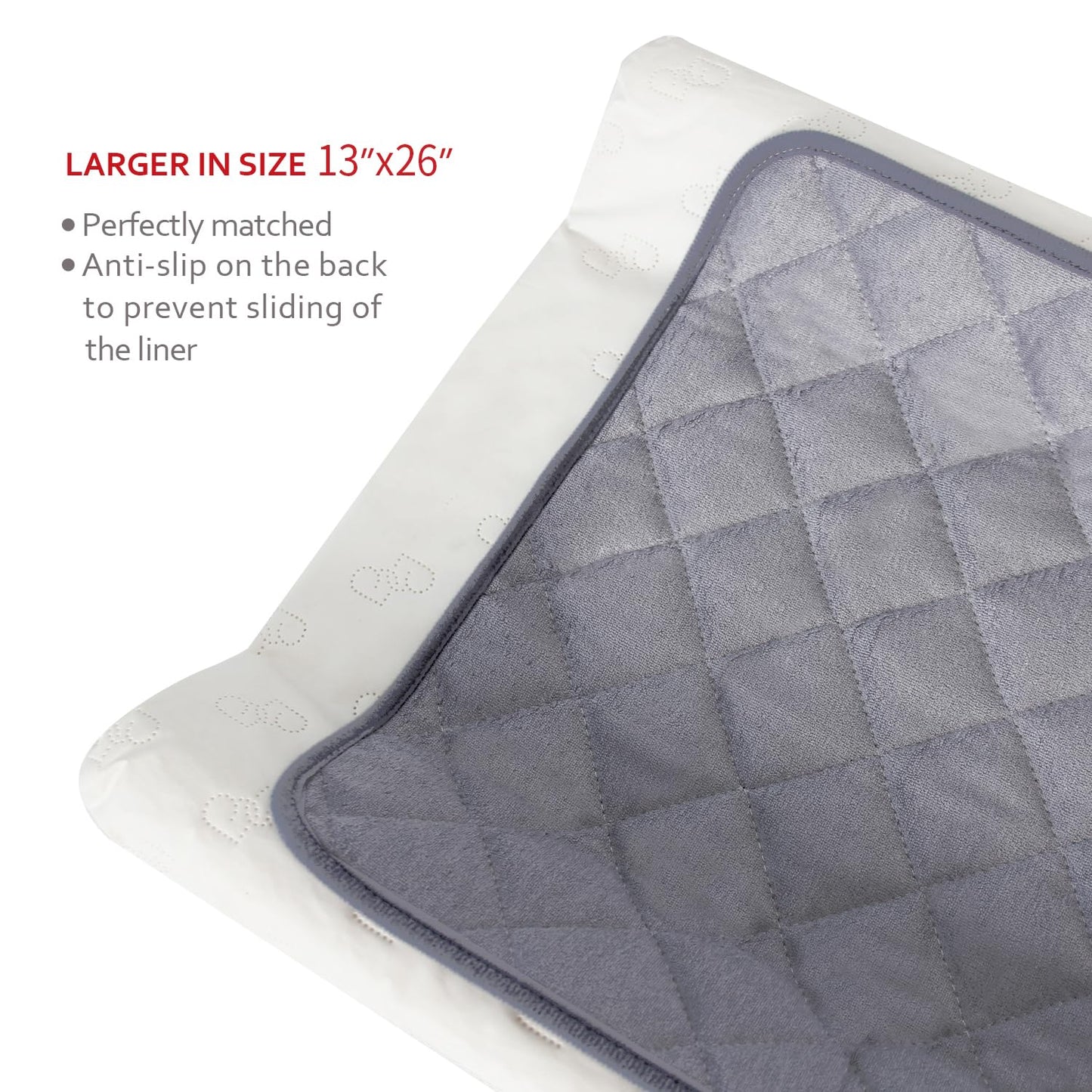 Diaper Changing Pad Liner Non-Slip, Waterproof Terry Mat, Quilted Absorbent Bassinet Liners Washable, 3 Pack 13"x 26" Reusable Portable Changing Table Pad Rectangle Grey