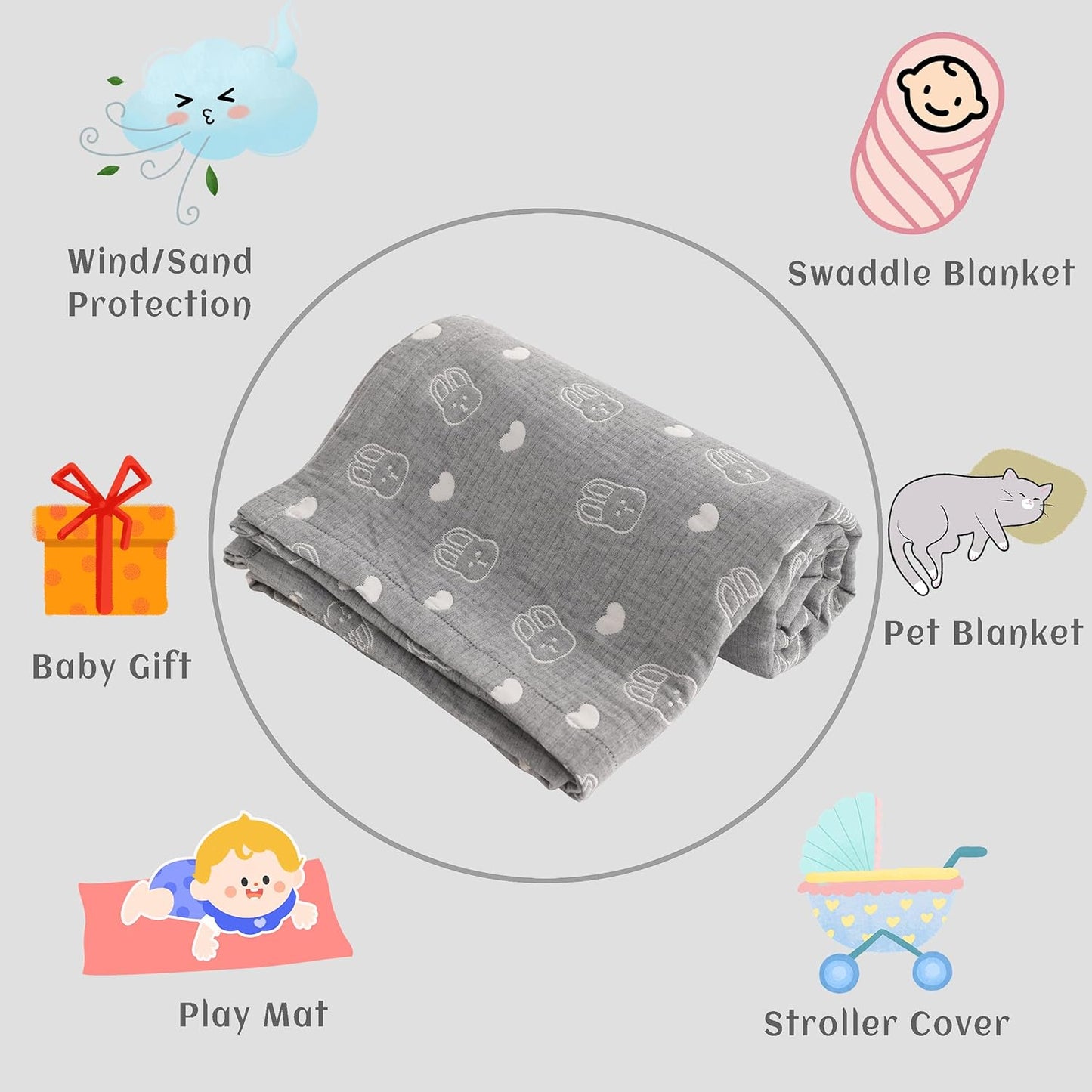 NTBAY 3 Layer Oversized Muslin Cotton Toddler Blanket, Jacquard Reversible Nursery Bed Blanket, Super Soft and Thermal for All Seasons, Baby Gift, 45"x60", Dark Grey Rabbit