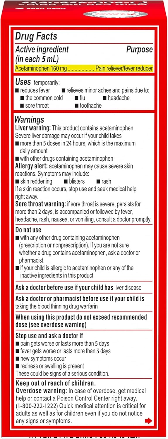 Children's Tylenol Oral Suspension Medicine, Kids' Liquid medicine Pain Reliever & Fever Reducer for Cold + Flu Symptoms, Aspirin-, Ibuprofen- & Alcohol- Free, Bubble Gum, 4 fl. oz