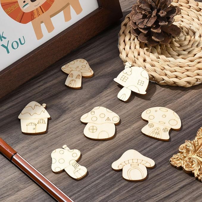 200 Pcs Unfinished Wooden Mushroom House Cutouts Blank Wood Slices Wooden